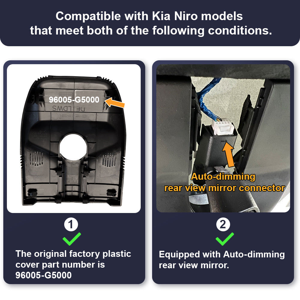 FITCAMX Dash Cam for 2017-2022 Kia Niro and Niro EV (Rear Mirror Cover part number 96005-G5000)